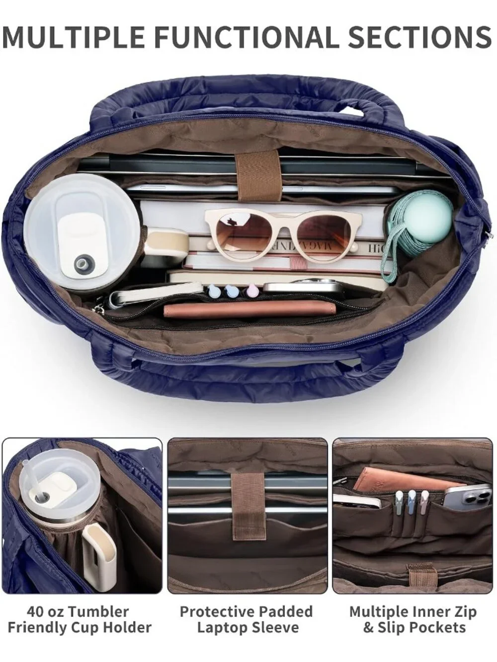 👜Women's Navy Blue Puffer Tote Bag 16 Pockets Work Gym Travel Laptop Handbag